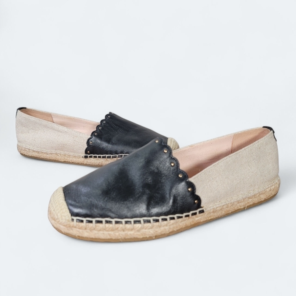 Kate Spade Gardenia Black Leather and Cream Espadrilles Size 8 Scalloped Summer